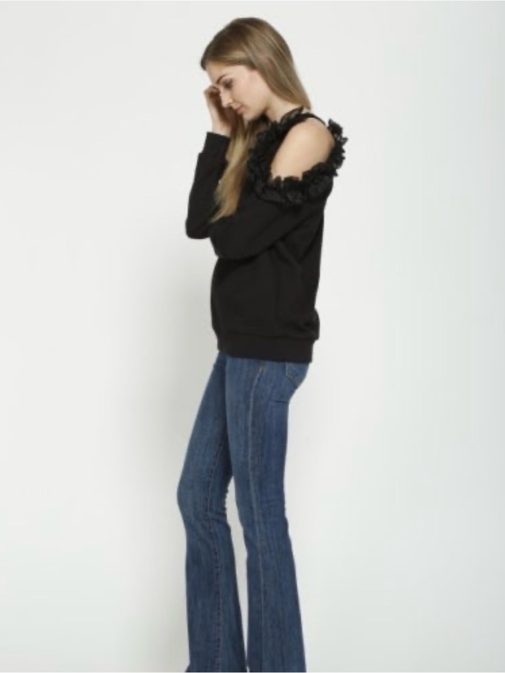 RO&DE Black Cold-Shoulder Ruffle Detail Sweater - Women
